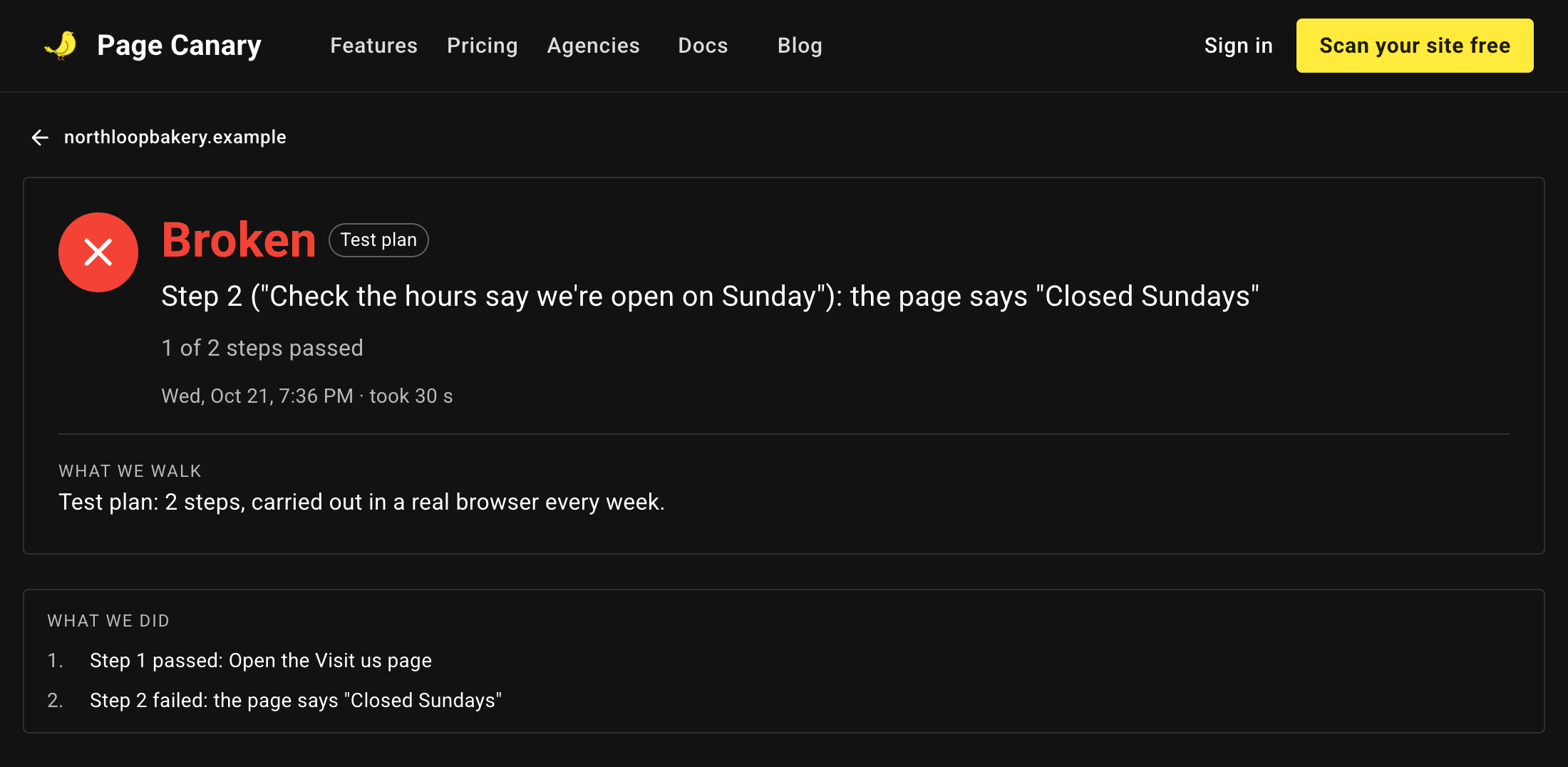 A failed test plan run: step 2 failed because the page says "Closed Sundays"